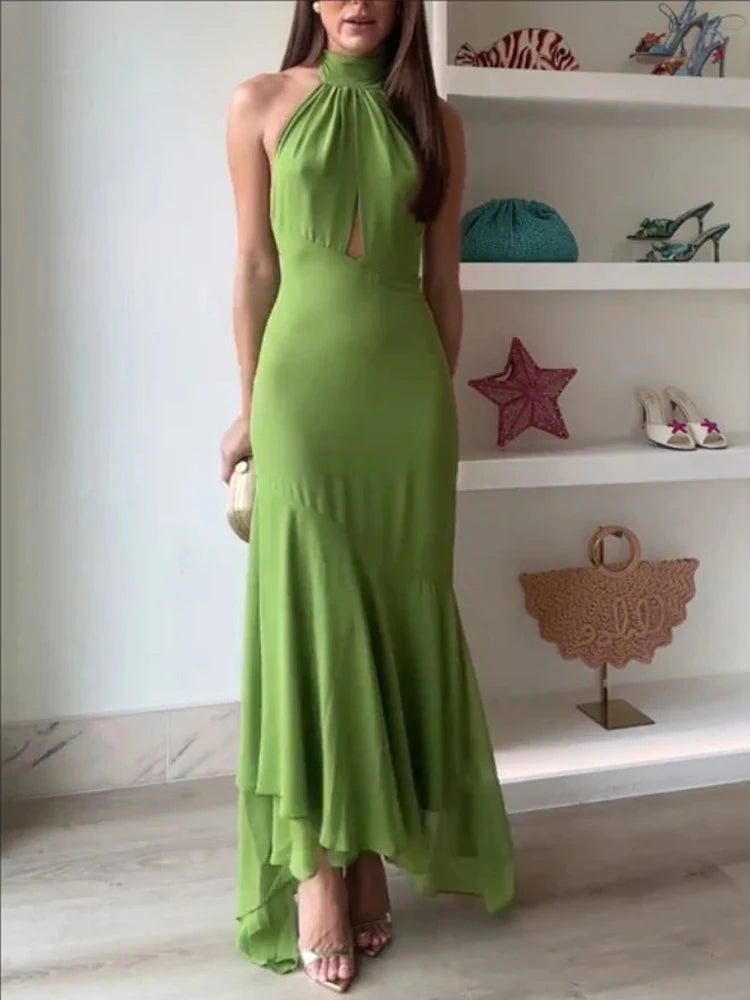 Elegant Green Chiffon Halter Long Dress Women Sleeveless Hollow Backless Ruffle Maxi Dress 2026 Summer Beach Evening Party Gowns