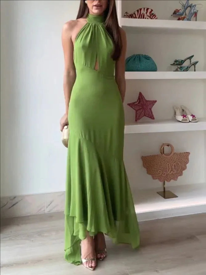 Elegant Green Chiffon Halter Long Dress Women Sleeveless Hollow Backless Ruffle Maxi Dress 2026 Summer Beach Evening Party Gowns