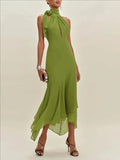 Elegant Green Chiffon Halter Long Dress Women Sleeveless Hollow Backless Ruffle Maxi Dress 2026 Summer Beach Evening Party Gowns