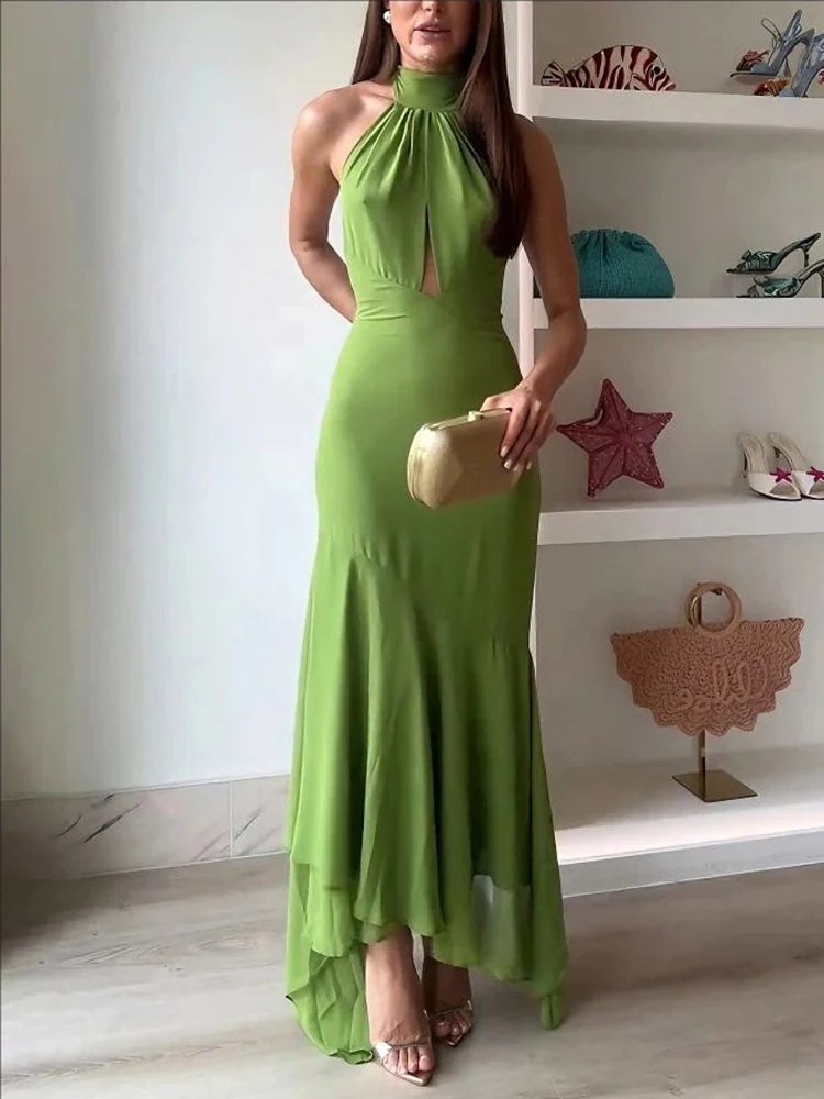 Elegant Green Chiffon Halter Long Dress Women Sleeveless Hollow Backless Ruffle Maxi Dress 2026 Summer Beach Evening Party Gowns