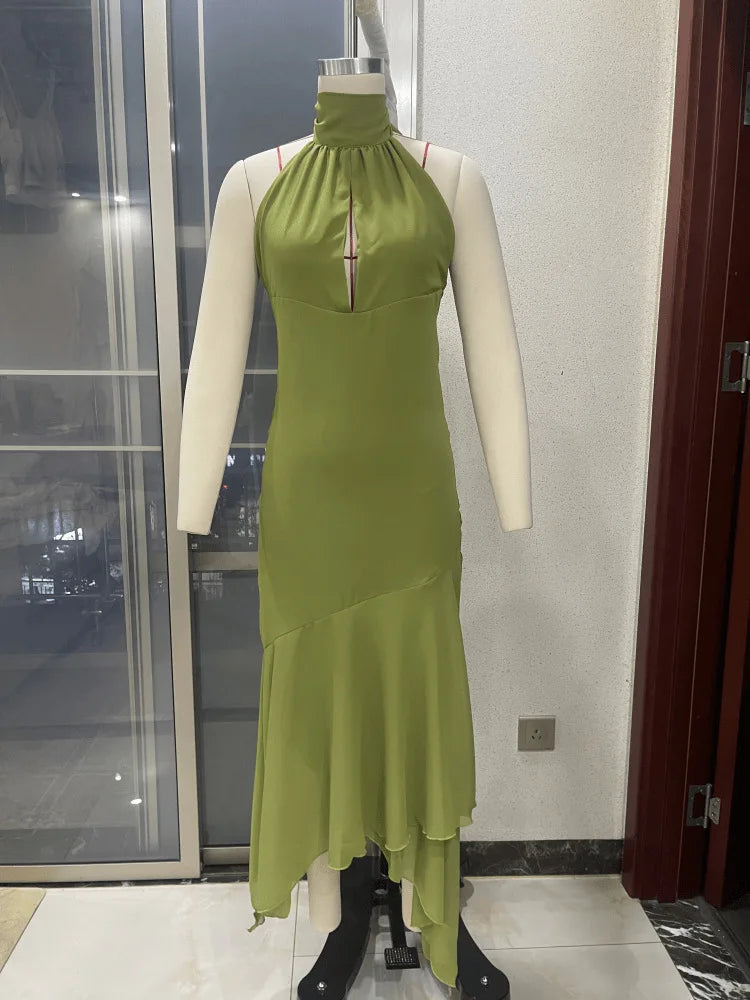Elegant Green Chiffon Halter Long Dress Women Sleeveless Hollow Backless Ruffle Maxi Dress 2026 Summer Beach Evening Party Gowns