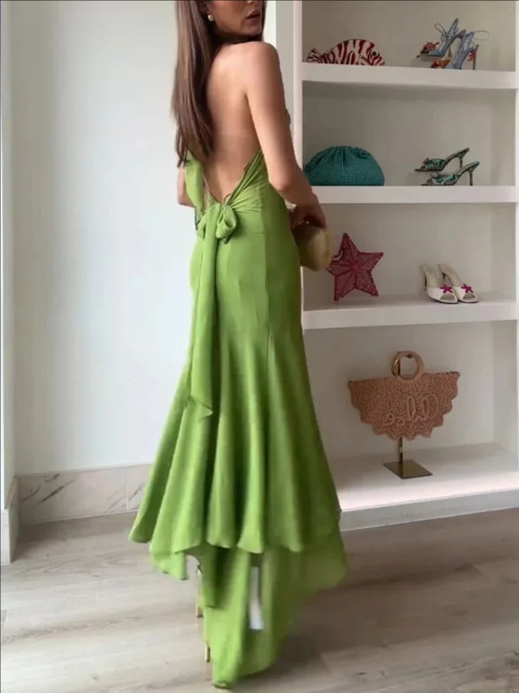 Elegant Green Chiffon Halter Long Dress Women Sleeveless Hollow Backless Ruffle Maxi Dress 2026 Summer Beach Evening Party Gowns