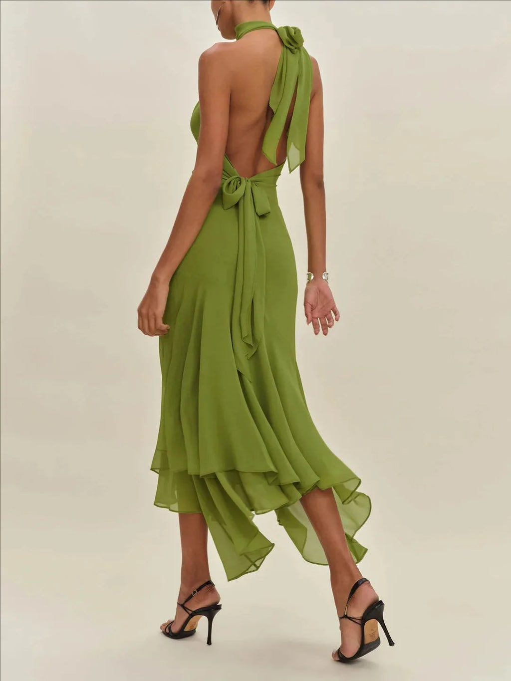 Elegant Green Chiffon Halter Long Dress Women Sleeveless Hollow Backless Ruffle Maxi Dress 2026 Summer Beach Evening Party Gowns