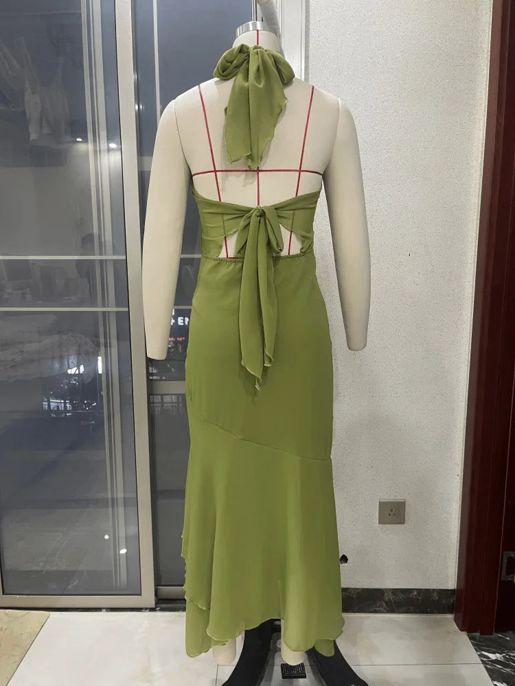 Elegant Green Chiffon Halter Long Dress Women Sleeveless Hollow Backless Ruffle Maxi Dress 2026 Summer Beach Evening Party Gowns
