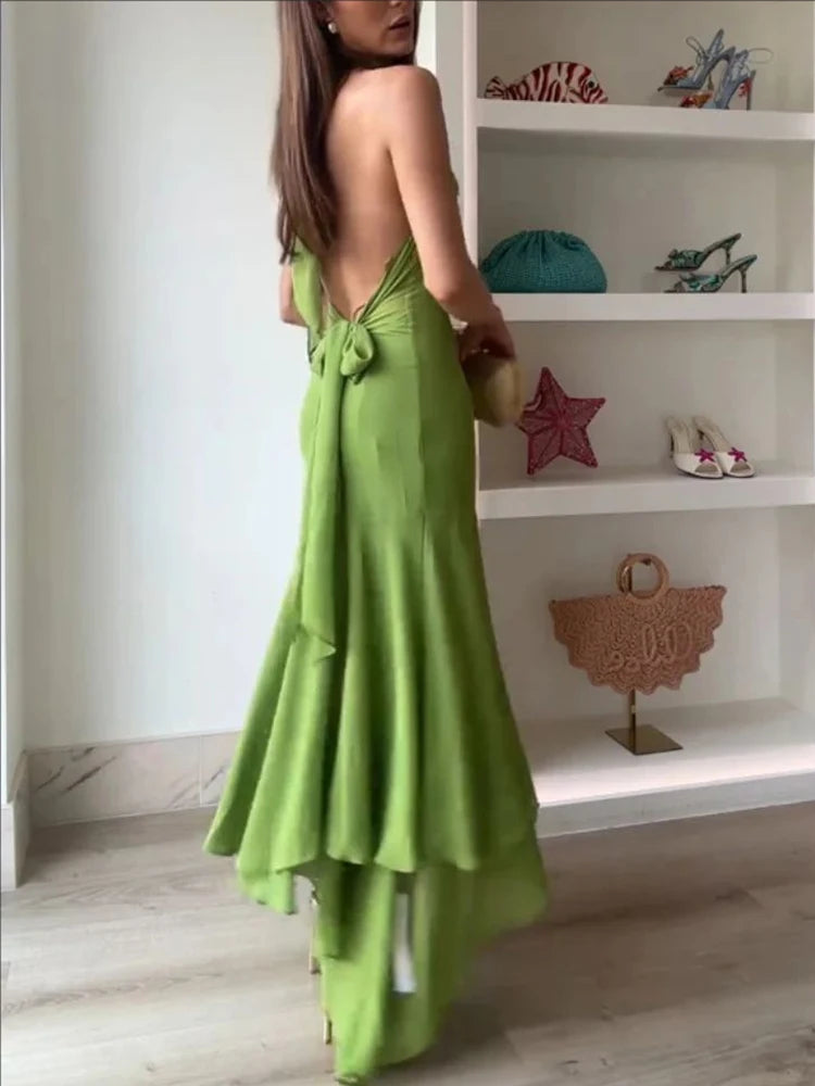 Elegant Green Chiffon Halter Long Dress Women Sleeveless Hollow Backless Ruffle Maxi Dress 2026 Summer Beach Evening Party Gowns