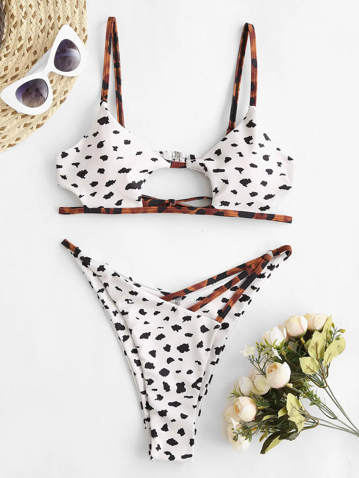 ZAFUL Bikini Swimwear Animal Print Cut Out Strappy High Waist Strapless Sexy Bikini Set Pure Color Women Swimsuit Bathing Suit