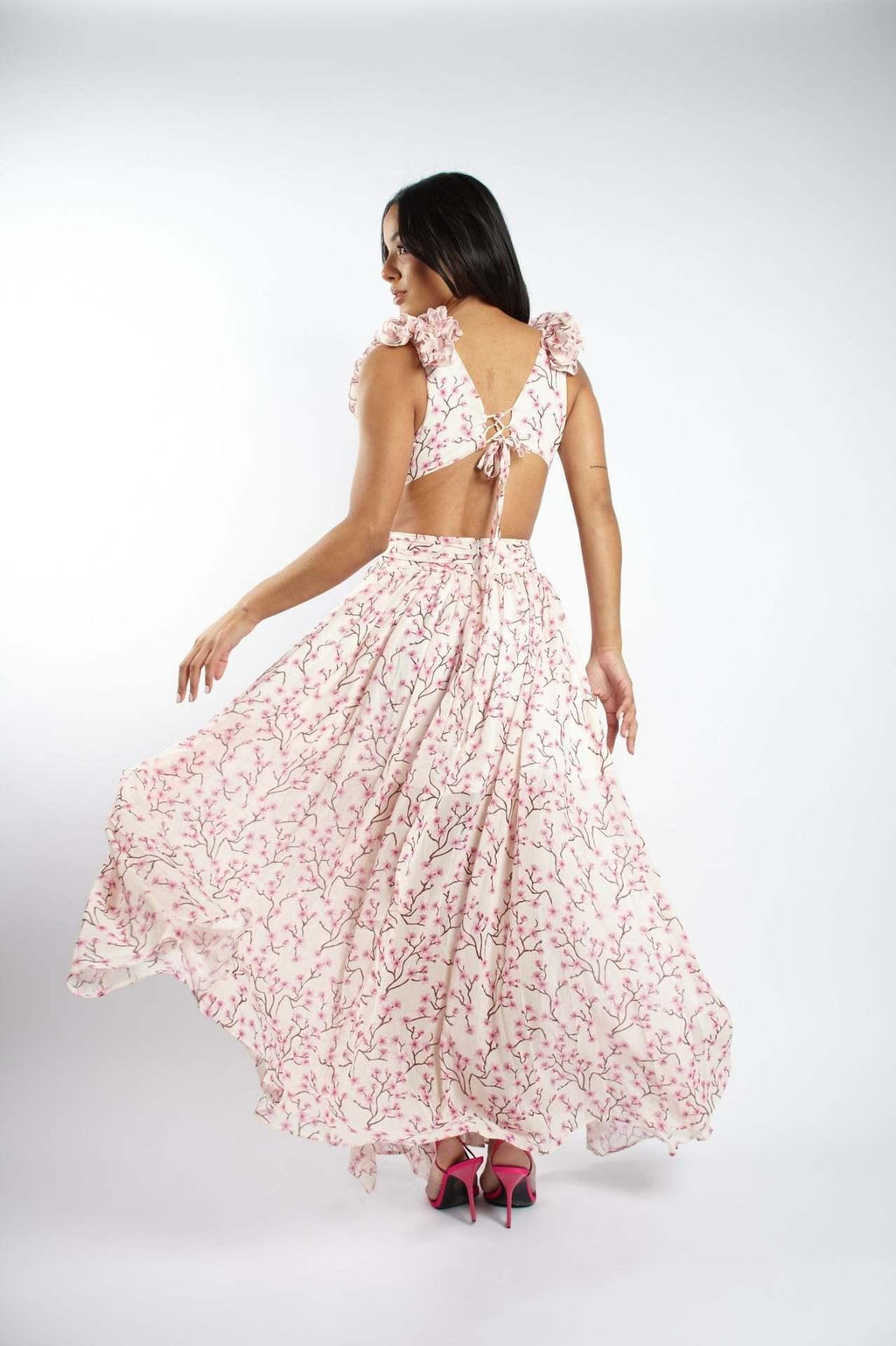 Summer Vacation Sexy Print Long Dress Deep V-Neck Backless Slim Fit Ruffled Floral Dress