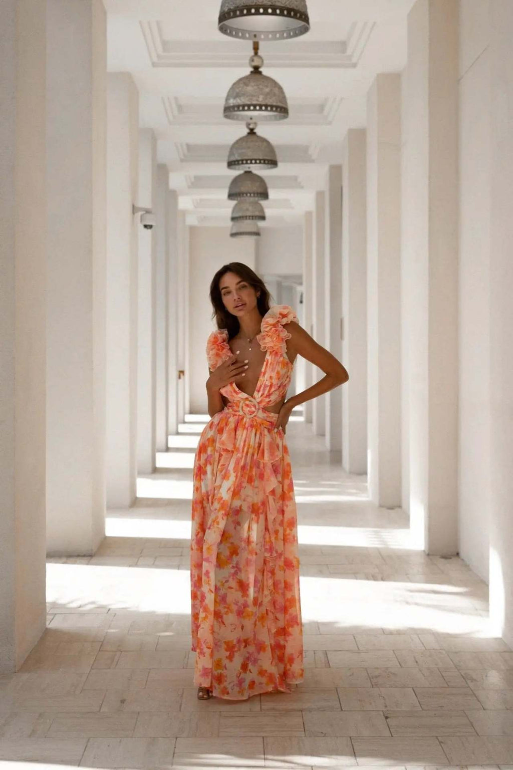 Summer Vacation Sexy Print Long Dress Deep V-Neck Backless Slim Fit Ruffled Floral Dress