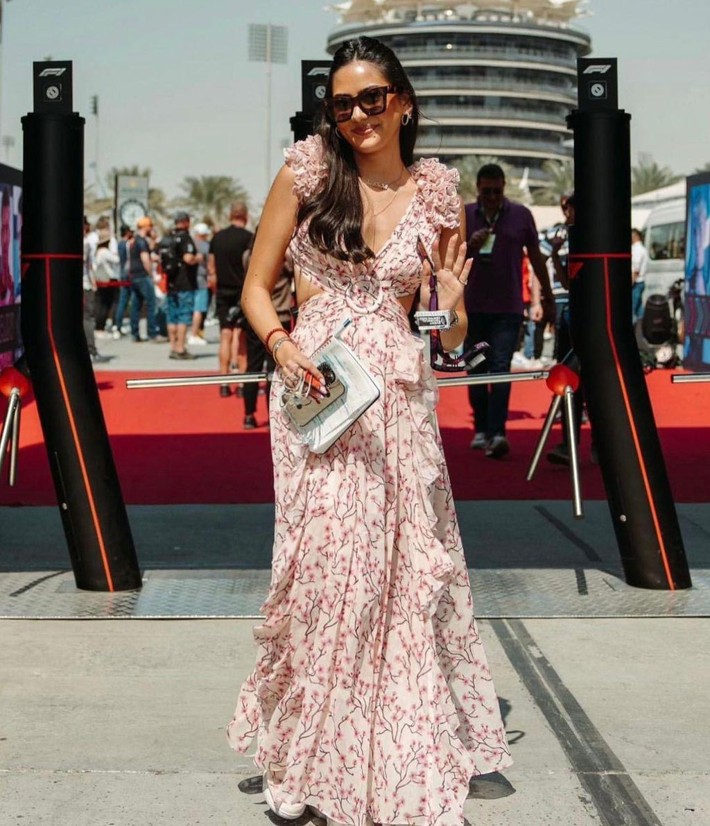 Summer Vacation Sexy Print Long Dress Deep V-Neck Backless Slim Fit Ruffled Floral Dress