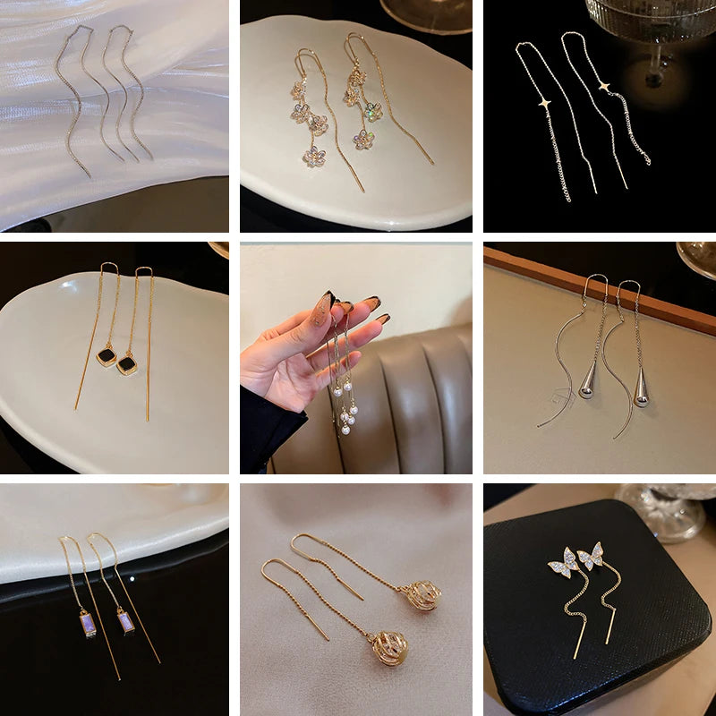 Gold Plating Wave Long Fringe Square Geometric Ear Lines for Women Flowers Butterfly Water Drop Star Temperament Dangle Earrings