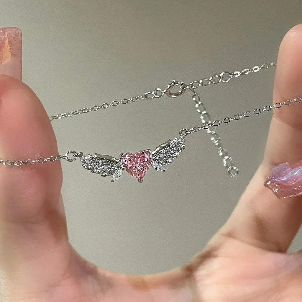 Crystal Angel Wings Pink Heart Pendant Necklaces Y2K Girl Women Heart Clavicle Chain Choker Fashion Jewelry Gifts