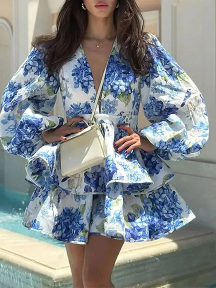 Elegant And Sexy Deep V Neck Bubble Long-sleeved Women's Dresses Fashion Printed Ruffled Patchwork Short Female Party Mini Dress