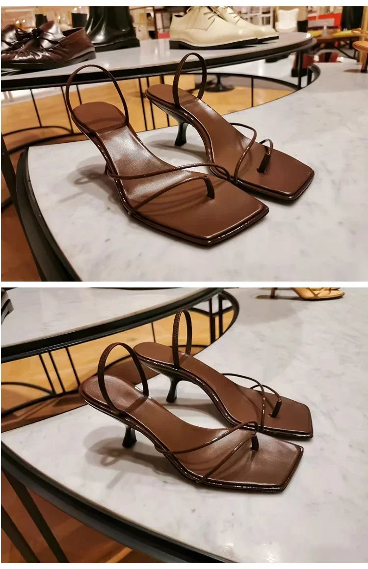 2026 New Genuine Leather Retro Square Toe Pinch Sandals Fashion High Heel Slippers Women Women's Sandals