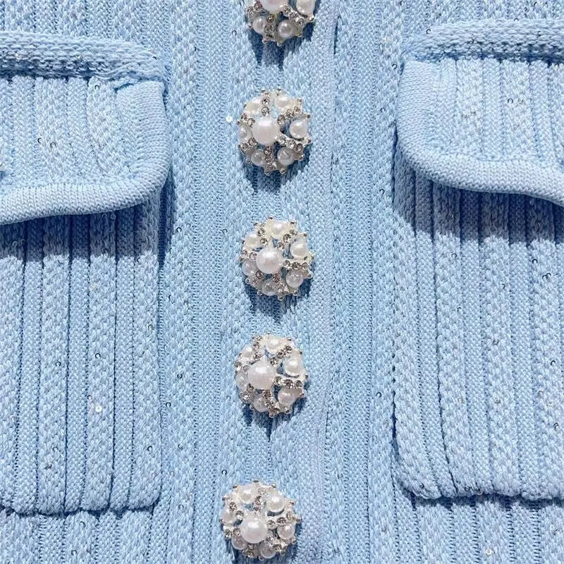 2024 Spring New Arrive Knitted Women Sequins Mini Dress Short Sleeve Turn Down Collor Ruffles Hem Lady Dress