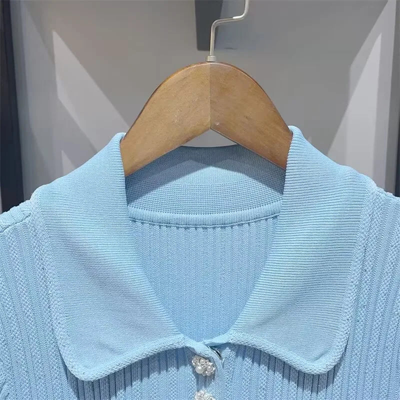 2024 Spring New Arrive Knitted Women Sequins Mini Dress Short Sleeve Turn Down Collor Ruffles Hem Lady Dress