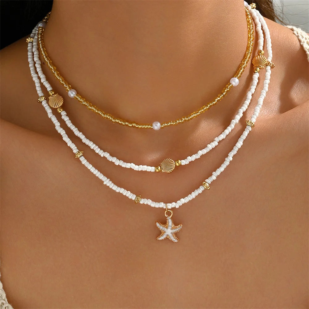 Summer Bead Stacked Choker Delicate Starfish Shell Pendant Necklace Women's Bohemian Beach Party Vacation Jewelry