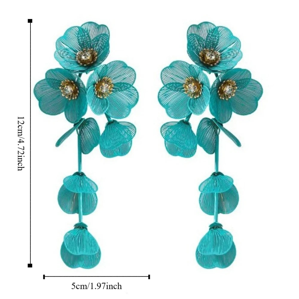 Exaggerated Big Flower Long Tassel Earrings Light Luxury Advanced Sense Women Earrings Metal Temperament Stud Earrings Wedding
