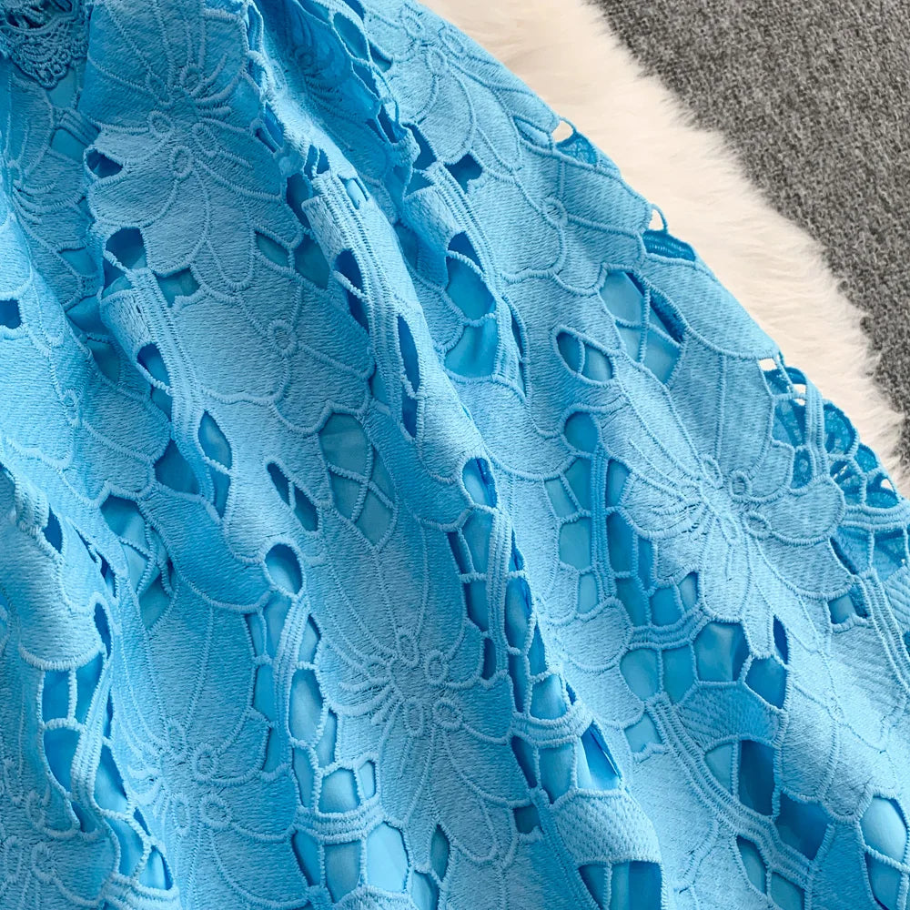 Ele Summer Lace round Ne Dr Women's High Waist Slimming Long Skirt Korean Sle Commute High Softn Regular Sve
