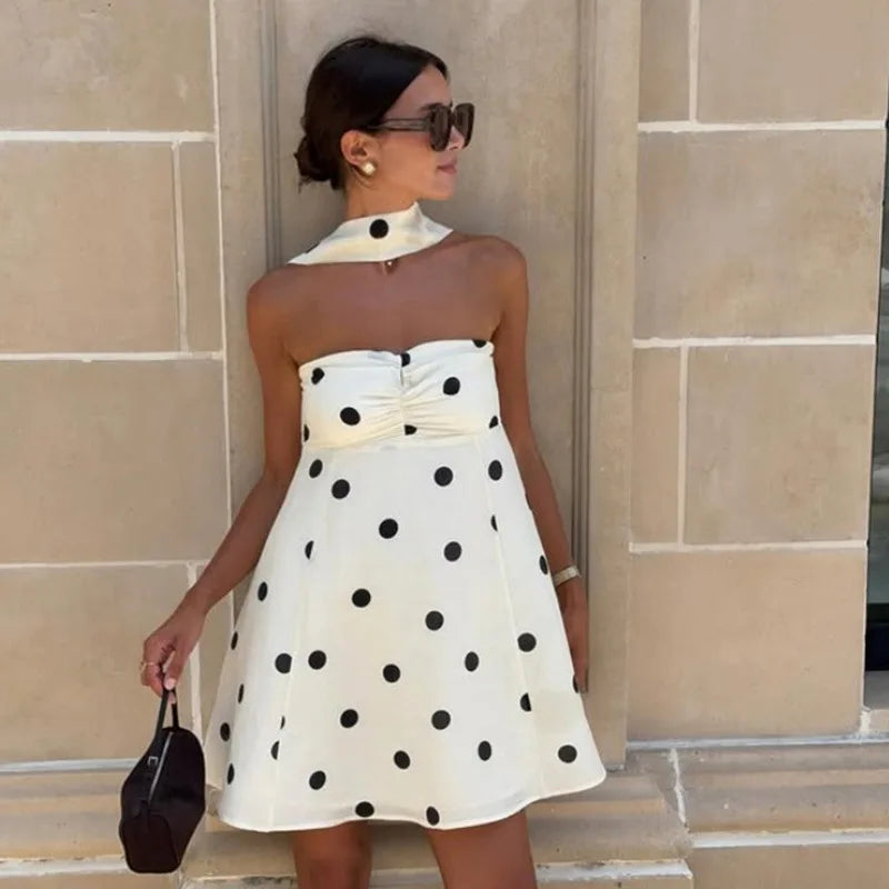 Elegant White Polka Dot Short Dress Sexy Slip Sleeveless Backless Silk Mini Dresses Evening Party Cute Birthday New Summer 2026