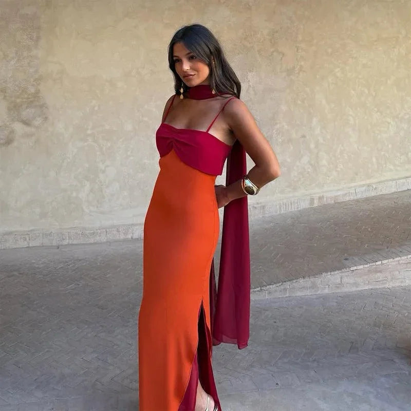 Fashion Women Color Blocking Scarf Collar Sling Dress Sexy Split Waist Cinching Bodycon Maxi Gowns 2026 Lady Club Party Vestidos
