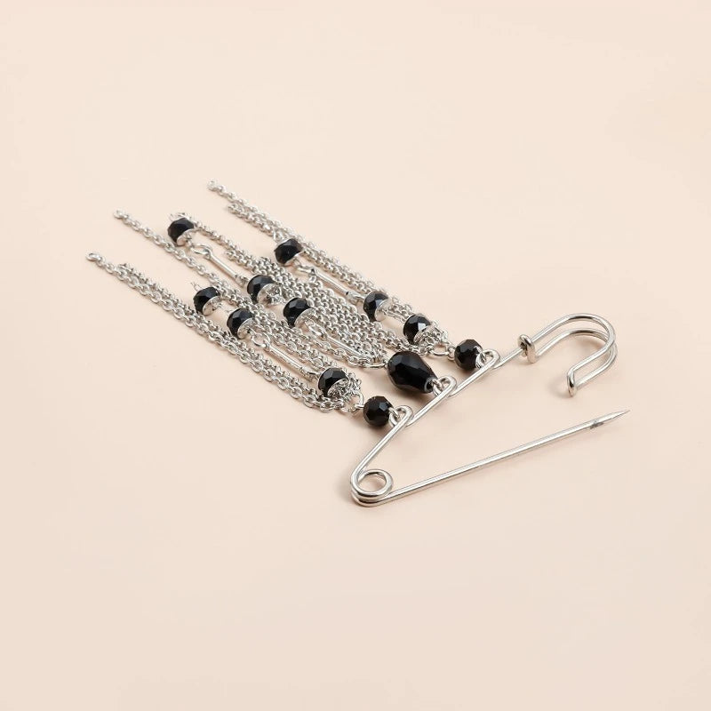 Black Crystal Tassel Brooch Metal Chain Pendant Tassel Brooch for Women Personality Charm Clothes Bag Pins Jewelry Accessories