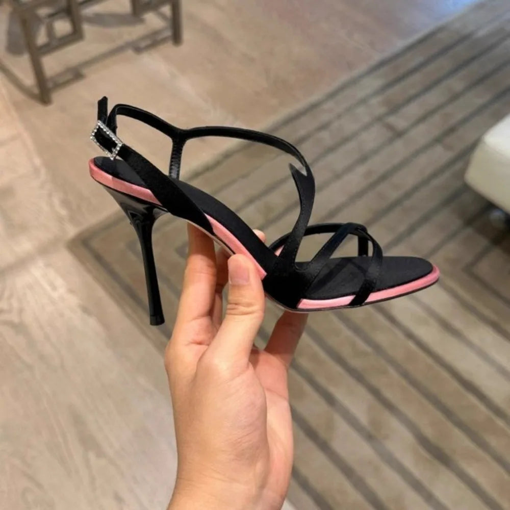 Satin Color Block Stiletto High Heels with One Belt 2026 New Summer Temperament Versatile Sandals