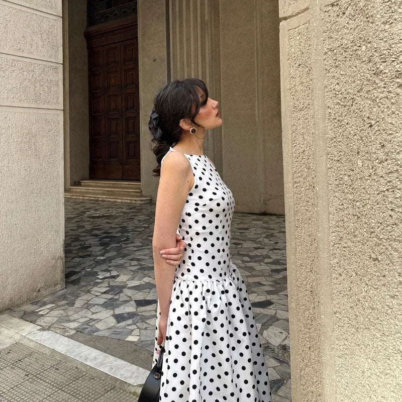 Elegant Solid Polka Dot Pleated Slim Vestido Women Chic Sleeveless Off Shoulder Round Neck Maxi Dresses Summer Dinner Party Wear