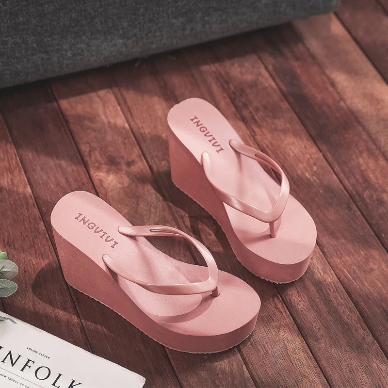 EOFK New Women Flip Flops Wedges Comfort Summer Platform Slippers Outdoor Concise Beach High Heel 9cm Casual Slides