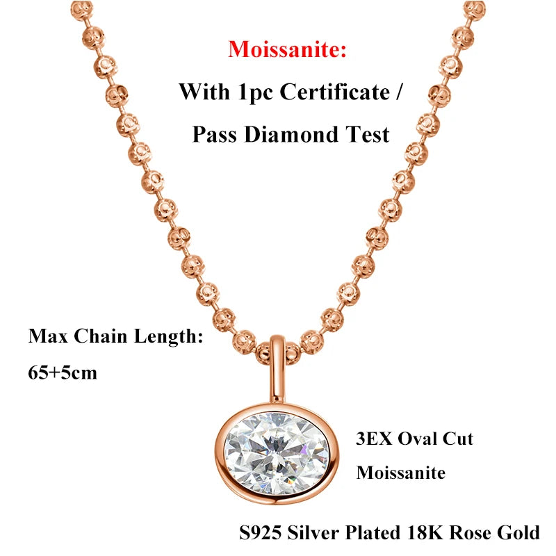 EWYA Oval Cut 2/3/4ct Solitaire Moissanite Pendant Necklaces Women Wedding s925 Silver 1.5mm Solid Choker Big Diamond Neck Chain