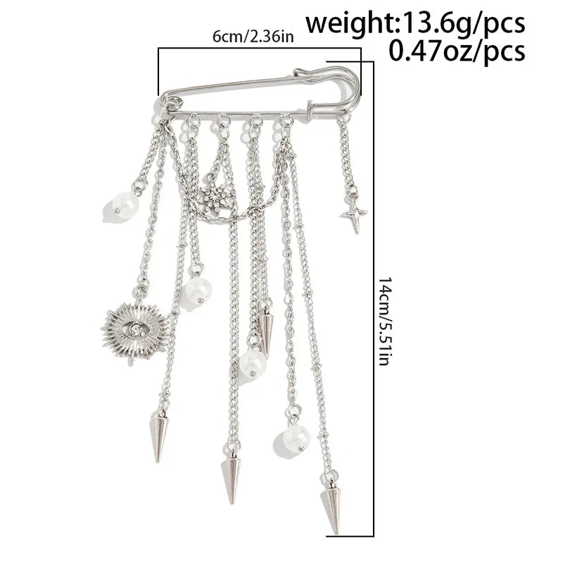 New Exaggerated Metal Chain Pendant Tassel Brooches for Women Man Personality Charm Trousers Shortened Pins Rock Jewelry Gift