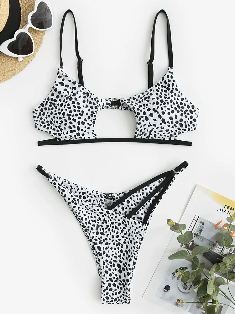 ZAFUL Bikini Swimwear Animal Print Cut Out Strappy High Waist Strapless Sexy Bikini Set Pure Color Women Swimsuit Bathing Suit