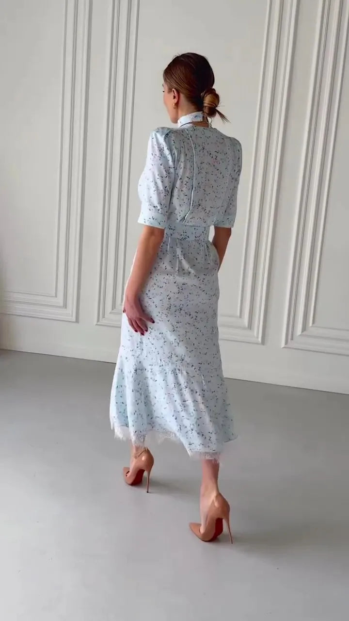 Elegant Lace Trimmed Printed Dress Women Chic Deep V-neck Waist Cinching Split Short Sleeve Maxi Dress Lady Party Vestidos 2026
