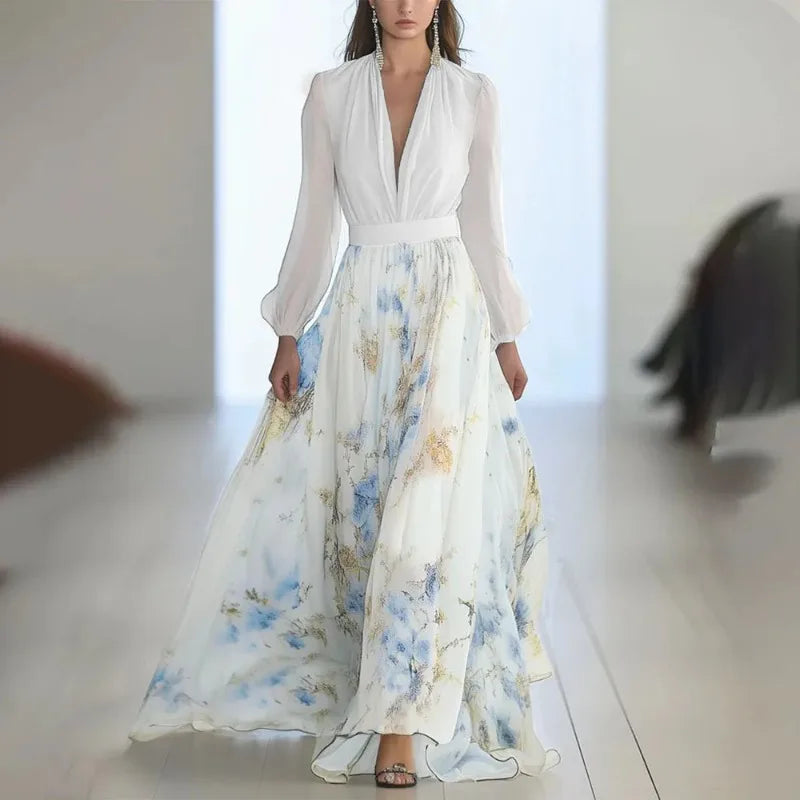 Elegant Long Sleeve Maxi Dress Women 2025 Summer Fashion Slim Floral Print V-neck White Long Dresses Casual Ethnic Style Resort