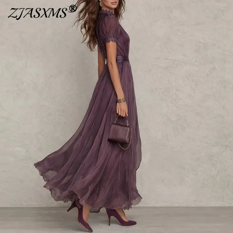 Spring Vintage Solid Lace A-Line Long Dress Women's O Neck High Waist Pleated Party Dress Summer Short Sleeve Flowy Maxi Dresses