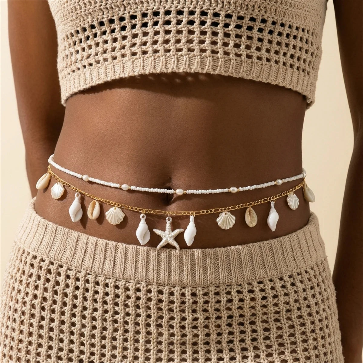 Summer Beach Shell Waist Chain For Women Bohemia Double Layer Starfish Conch Beaded Belly Chain Vacation Bikini Body Jewelry
