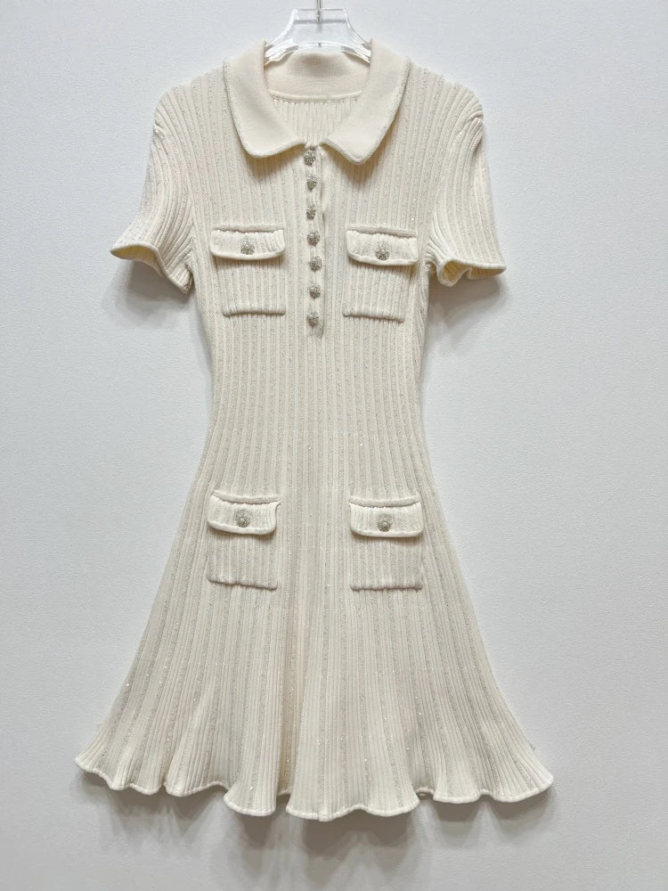 2024 Spring New Arrive Knitted Women Sequins Mini Dress Short Sleeve Turn Down Collor Ruffles Hem Lady Dress