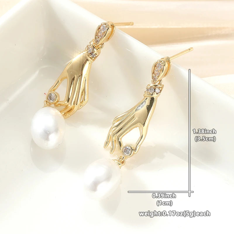 Creative Design Hand With Imitation Pearl Dangle Earrings For Women Trendy Personality Accessory Daily Party Temperament Jewelry