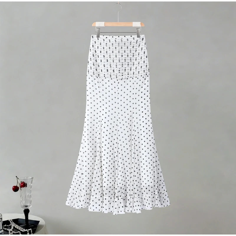 Polka Dot Women ‘s Skirt Elegant High Waist Ruched Ruffle Hem Mermaid Long Skirt Female  2026 Summer Casual Party Streetwears
