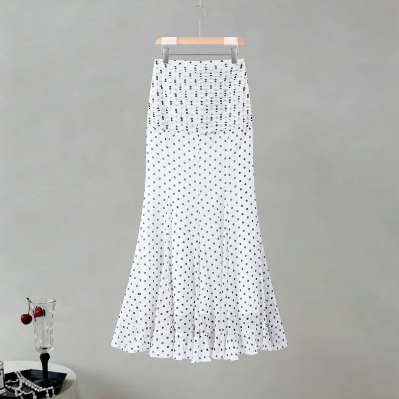 Women Dress Polka Dot Chiffon Maxi Skirt High Waist Ruffle Hem Flared Skirt Elegant Casual Beach Vacation Streetwear For Ladies