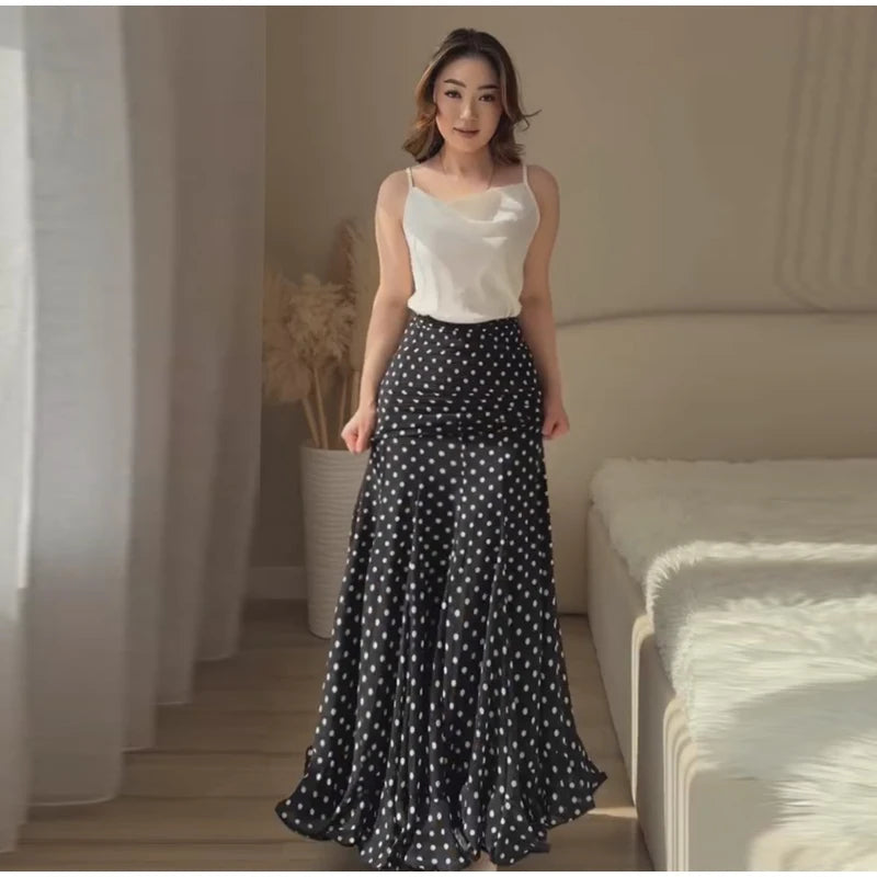 Polka Dot Women ‘s Skirt Elegant High Waist Ruched Ruffle Hem Mermaid Long Skirt Female  2026 Summer Casual Party Streetwears