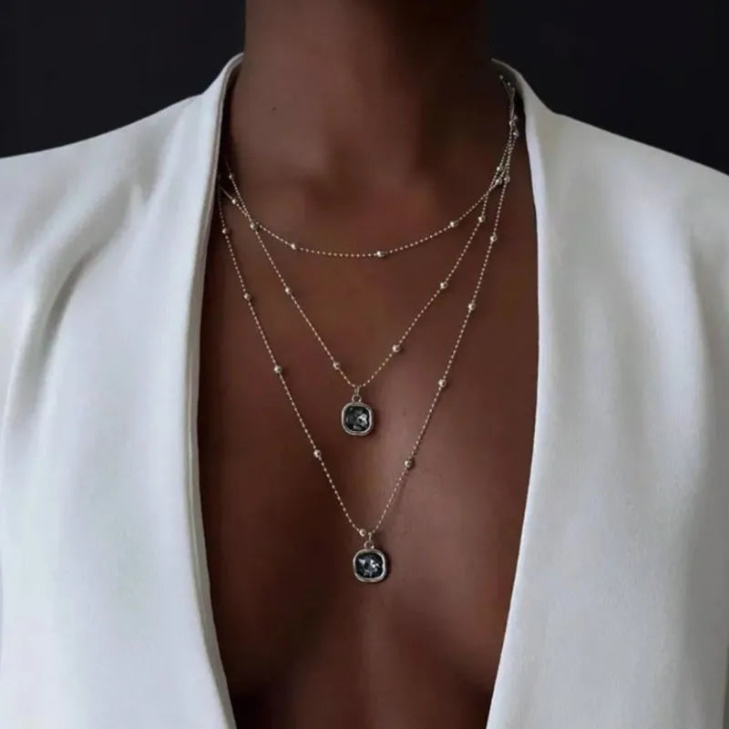 New Acrylic Square Pendant Metal Round Bead Chain Multi-layer Fold Wear Necklace for Women Trendy Personality Jewelry Gifts