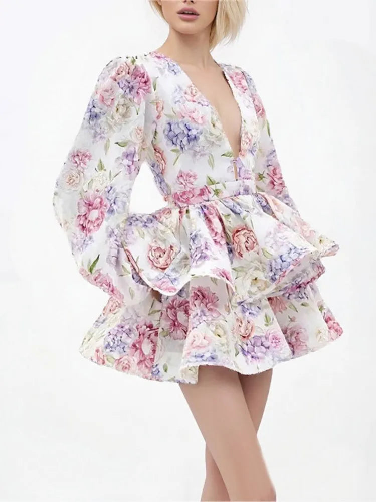 Elegant And Sexy Deep V Neck Bubble Long-sleeved Women's Dresses Fashion Printed Ruffled Patchwork Short Female Party Mini Dress