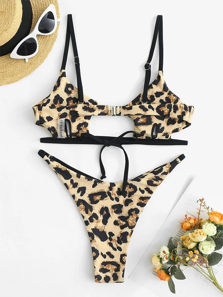 ZAFUL Bikini Swimwear Animal Print Cut Out Strappy High Waist Strapless Sexy Bikini Set Pure Color Women Swimsuit Bathing Suit