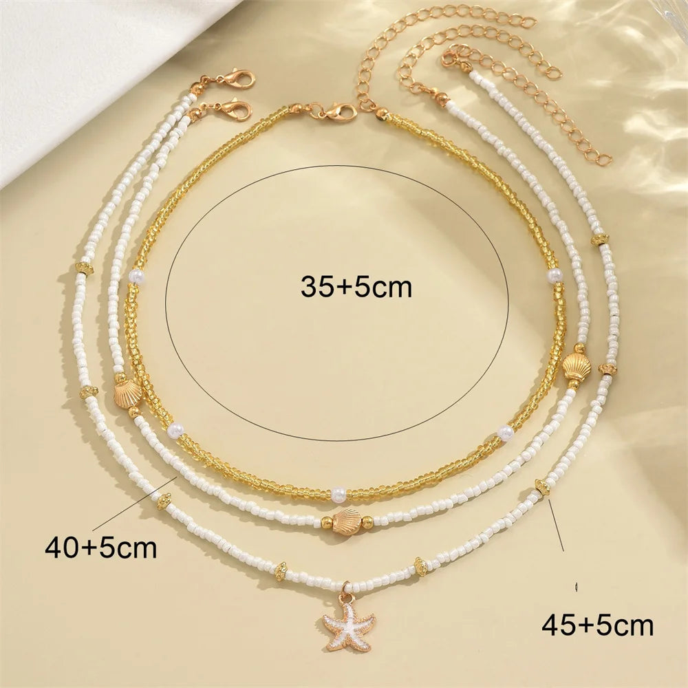 Summer Bead Stacked Choker Delicate Starfish Shell Pendant Necklace Women's Bohemian Beach Party Vacation Jewelry