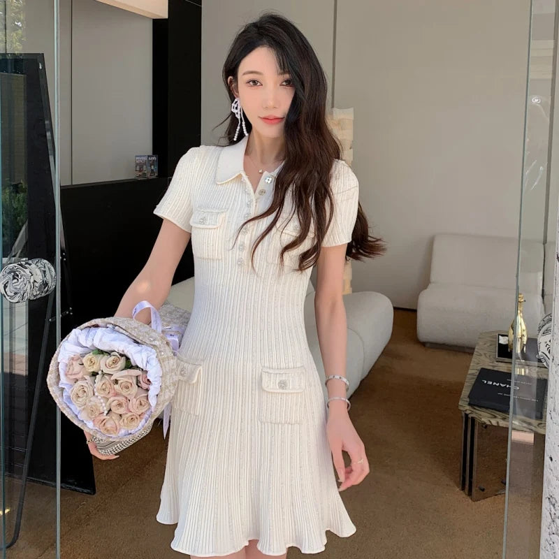 2024 Spring New Arrive Knitted Women Sequins Mini Dress Short Sleeve Turn Down Collor Ruffles Hem Lady Dress