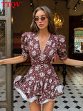 TTQV Summer Slim Print Women's Dress 2026 Sexy V-Neck Short Sleeve Mini Dresses Elegant Classic Pleated Female Dress Streetwear