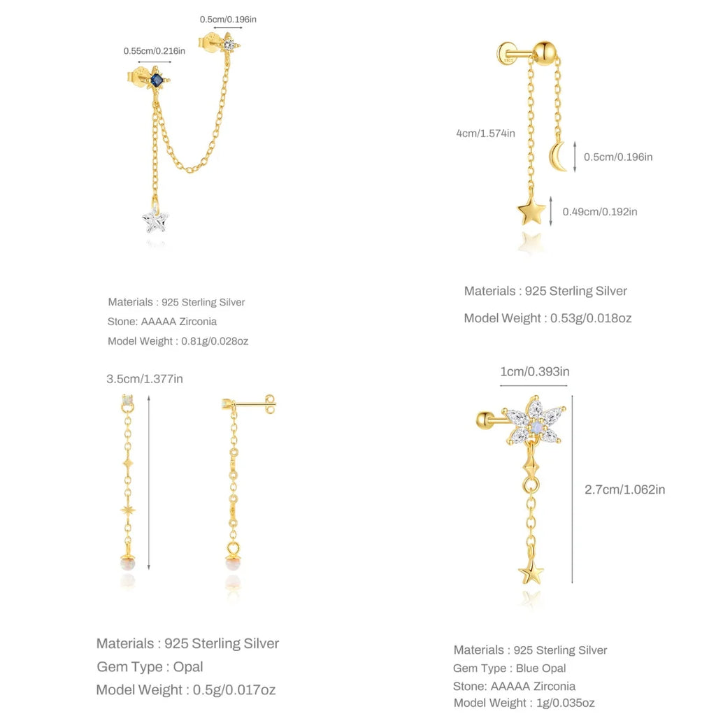 BOAKO Star Moon Chain Tassel  925 Sterling Silver Shiny For Woman Piercing Earring Fashion Dainty Luxury Style fine jewelry
