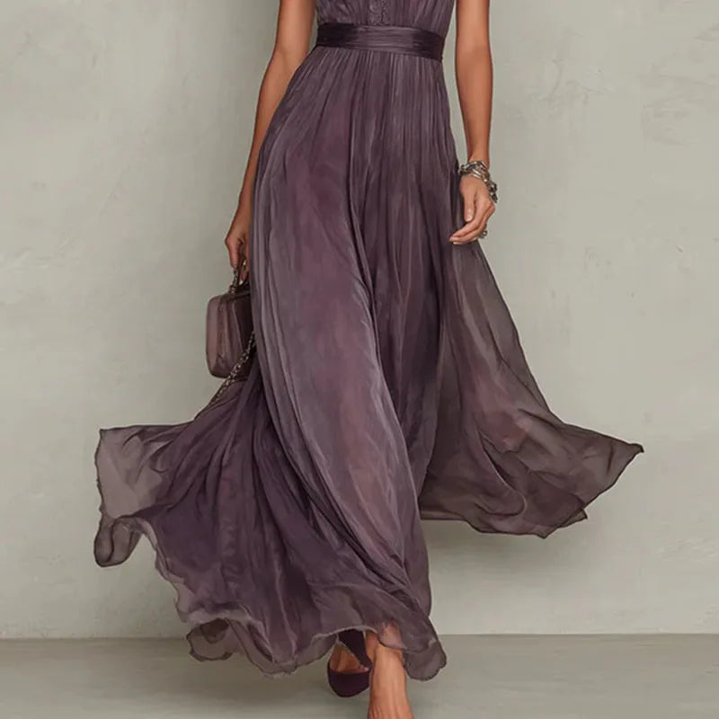 Spring Vintage Solid Lace A-Line Long Dress Women's O Neck High Waist Pleated Party Dress Summer Short Sleeve Flowy Maxi Dresses