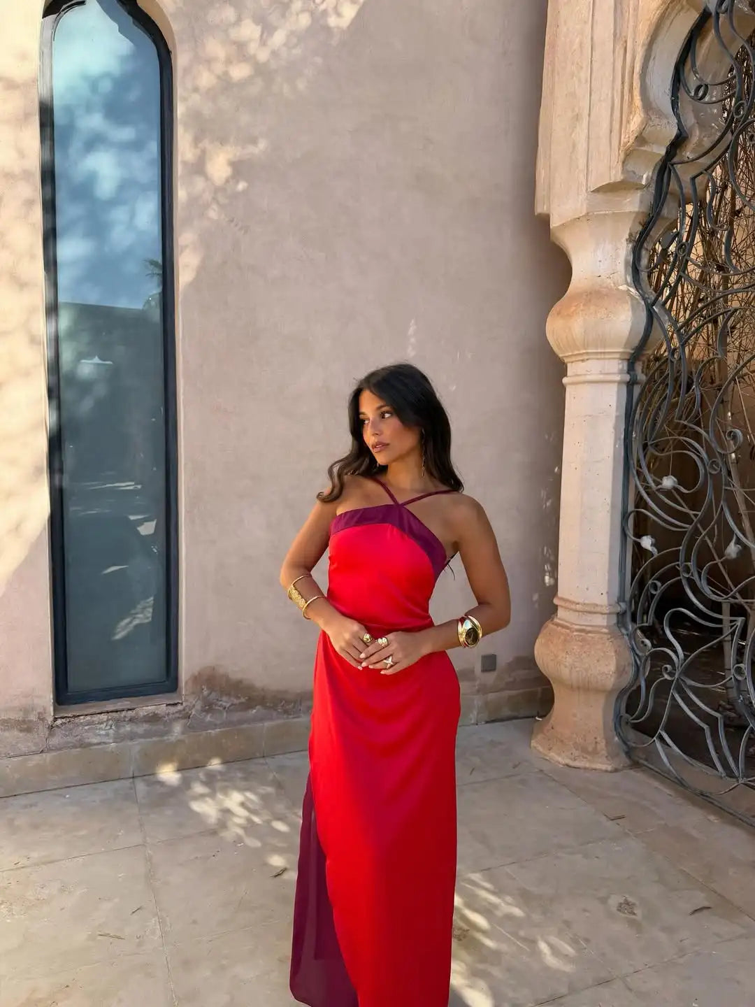 Fashion Women Color Blocking Scarf Collar Sling Dress Sexy Split Waist Cinching Bodycon Maxi Gowns 2026 Lady Club Party Vestidos