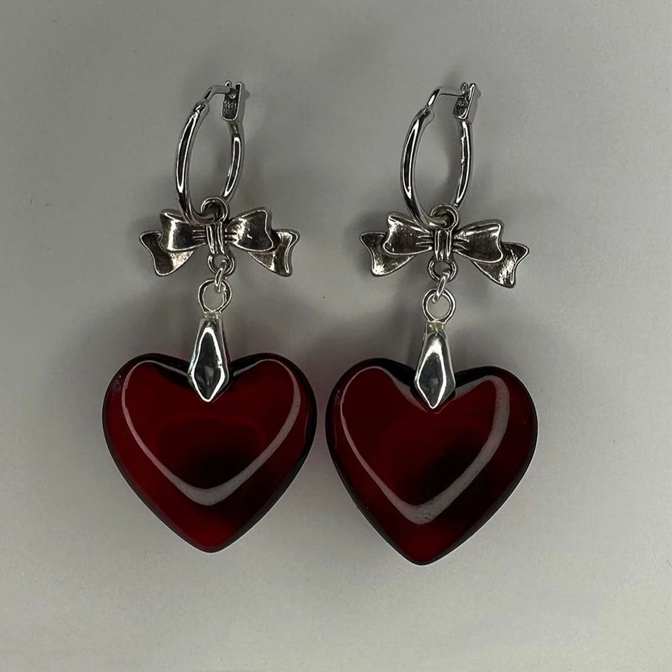 ZAKOL Y2k Sweet Harajuku Red Glass Love Heart Dangle Earrings for Women Hot Girls Korean Fashion Punk Bowknot Ear Accessories